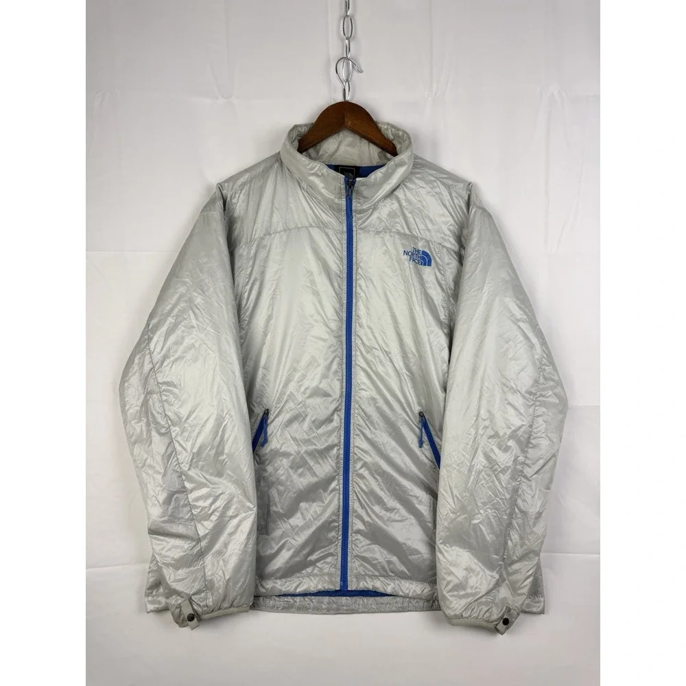 The North Face Puffer Jacket Mens Sz . XL Silver Metallic Full Zip Blue Accent